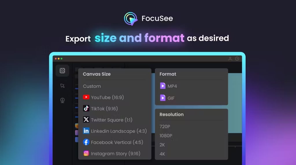 FocuSee export screen showing various output formats