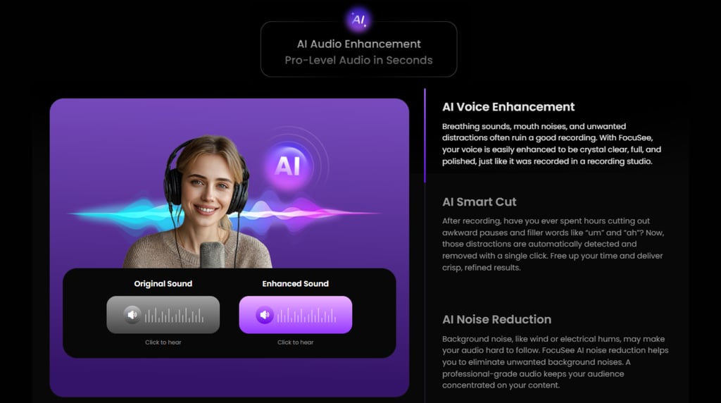 AI Audio Enhancement interface showing all three features - Voice Enhancement, Smart Cut, and Noise