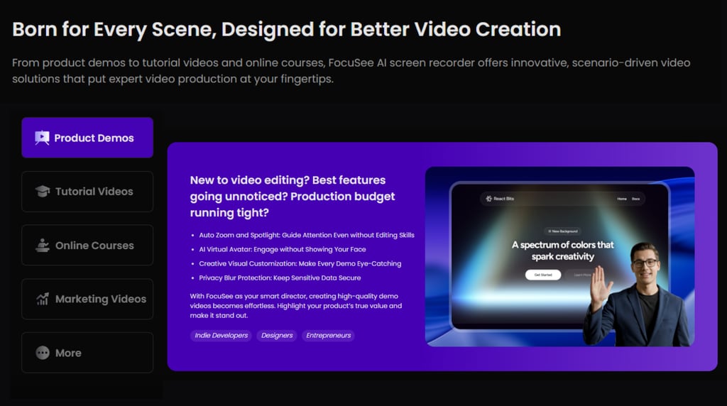 Screenshot showing FocuSee’s interface with multiple use cases or the “Born for Every Scene” section