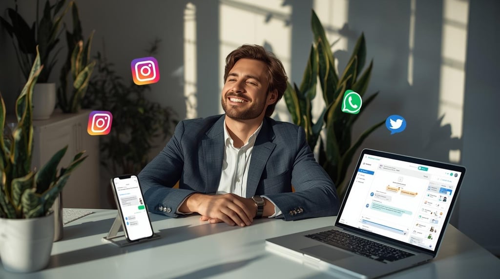 Business owner using ManyChat automation on multiple devices