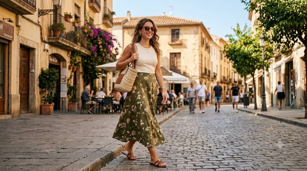 A woman in a floral skirt and straw bag walks down a sunny cobblestone street in a European village.