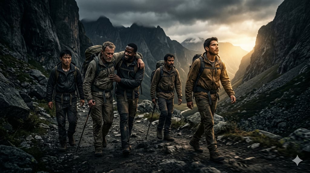 Diverse group of hikers trekking through a rugged mountain valley under a dramatic sunset sky.