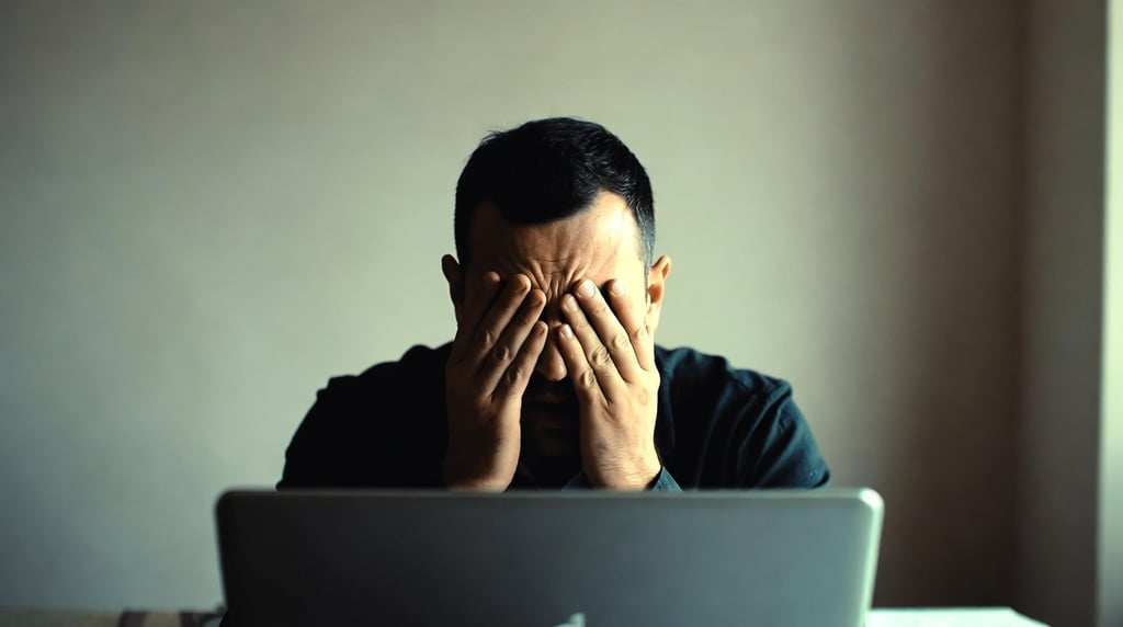 Christian man in distress at laptop struggling with porn addiction and shame.