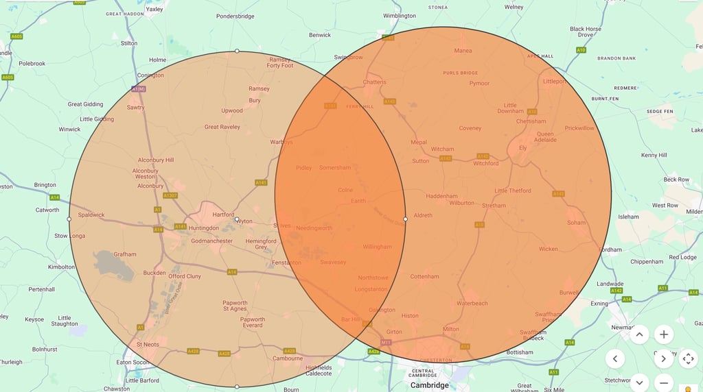 Map showing Ouse Firewood free delivery areas for kiln dried logs in 10 miles of Ely & Huntingdon UK