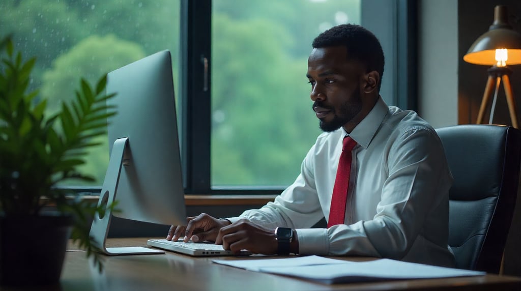 a man in a white shirt and red tie is sitting at a desk
