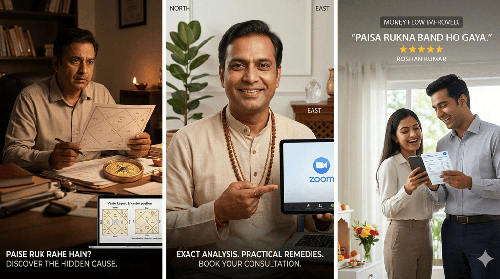 Indian Vastu expert offering online consultation for financial prosperity and home layout analysis.
