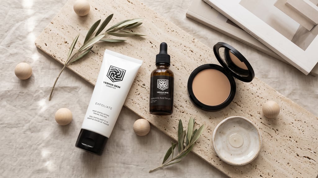 Yeshua Skin skincare set including exfoliating facial polish, hyaluronic acid serum, and compact powder.