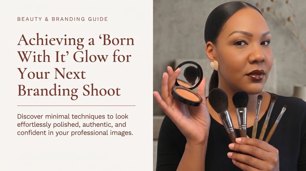 A woman holding makeup brushes and compact powder for a professional branding shoot beauty guide.