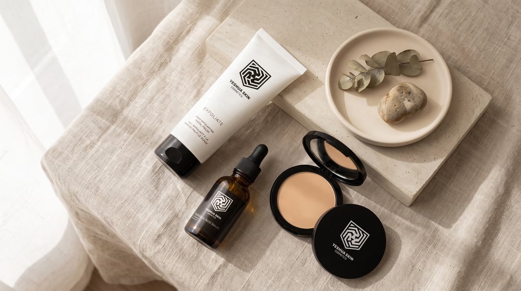 Yeshua Skin skincare set featuring face exfoliate tube, hyaluronic acid serum, and compact powder.