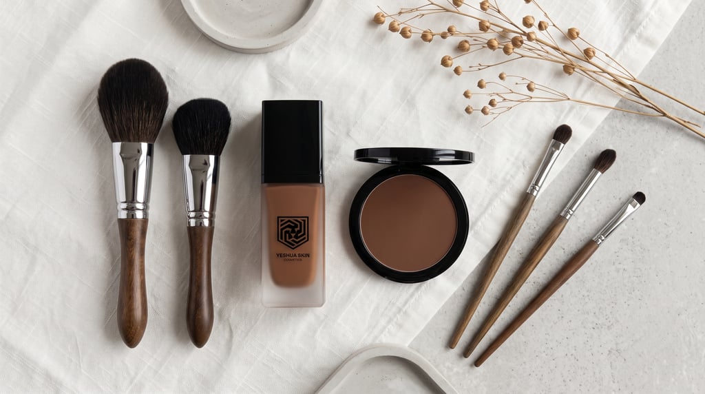 Flat lay of Yeshua Skin foundation, bronzer, and professional makeup brushes on a white linen surface.