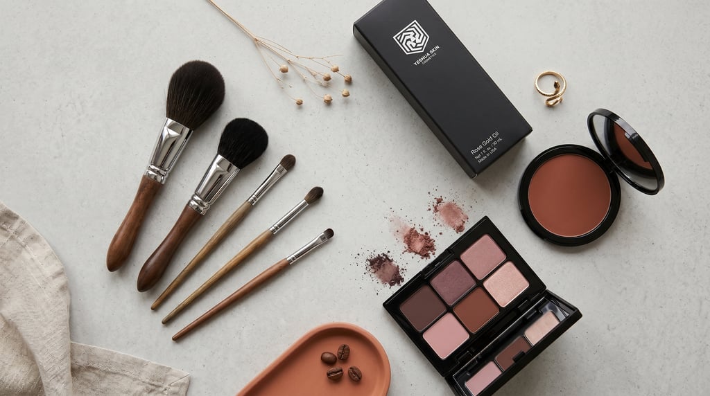 A collection of professional makeup brushes, eyeshadow palette, and rose gold oil on a neutral surface.