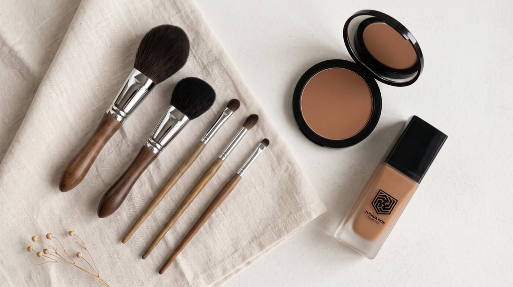 Yeshua Skin liquid foundation, bronzer, and wood-handled makeup brushes on a neutral linen cloth.
