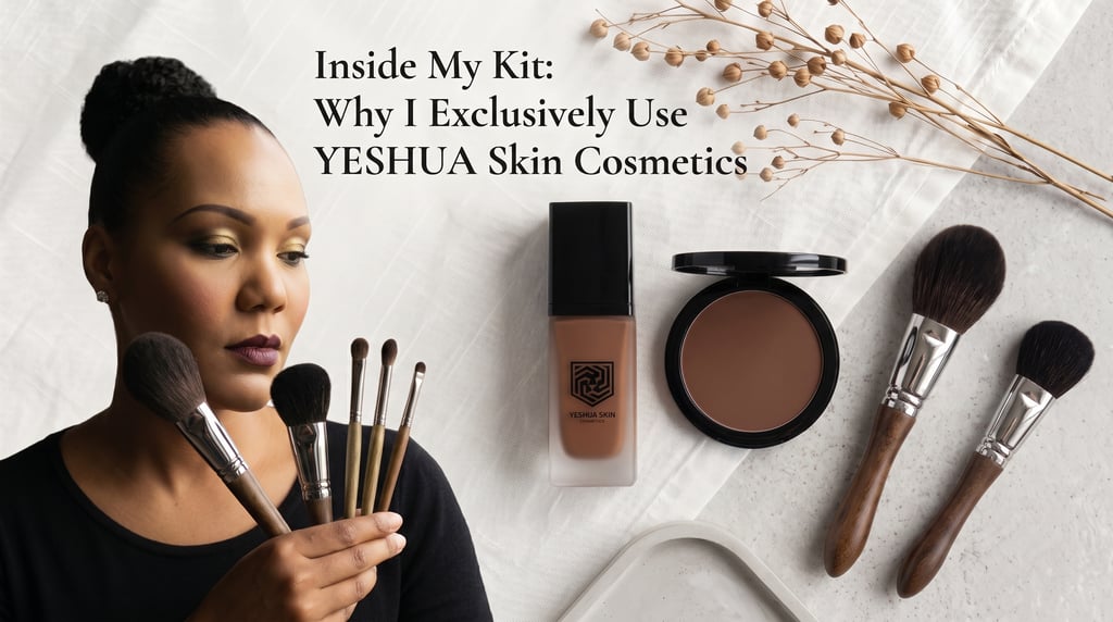 Professional makeup artist holding brushes with Yeshua Skin foundation and powder cosmetics for dark skin tones.