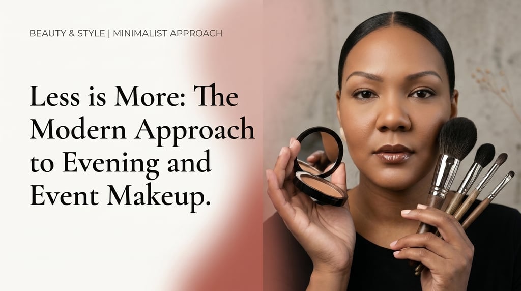 A woman holding professional makeup brushes and a compact for a minimalist evening and event makeup look.