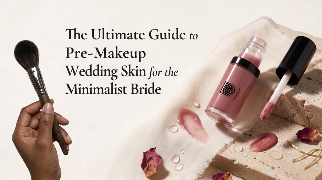 A minimalist bride skincare and makeup guide featuring a liquid lip tint, makeup brush, and rose petals.