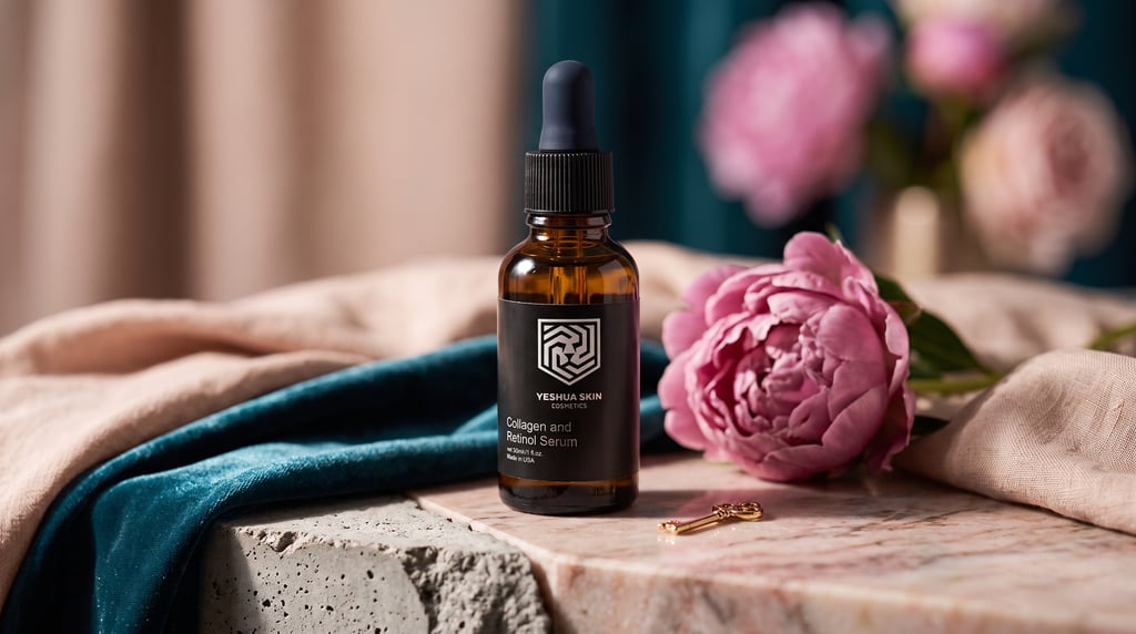 Yeshua Skin Collagen and Retinol Serum in a dark glass dropper bottle next to pink peonies.