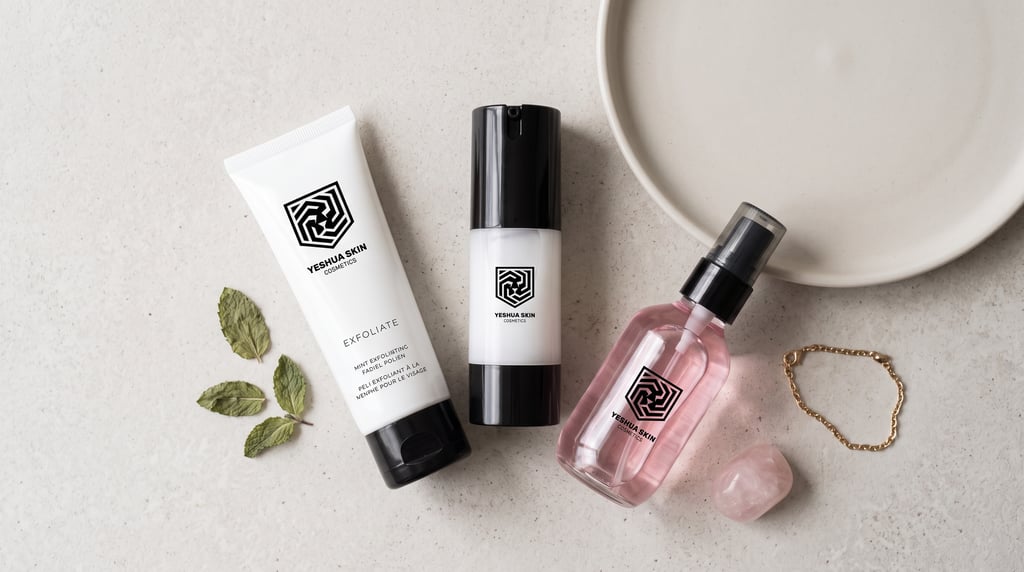 Yeshua Skin cosmetics set featuring mint facial exfoliant and pink toner on a stone surface.