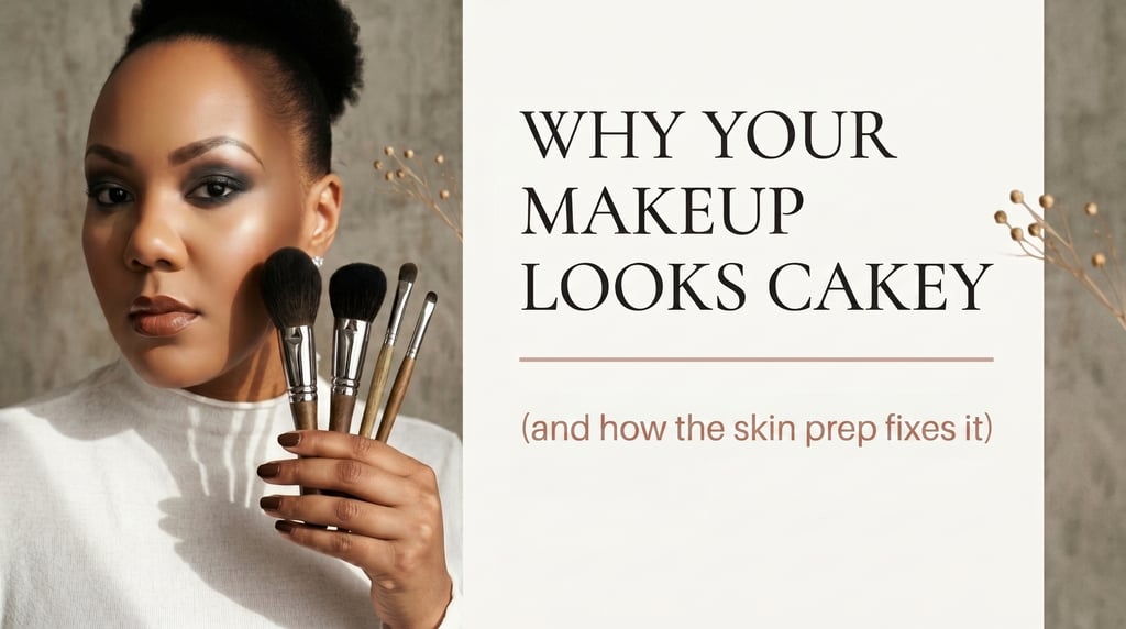 A woman holding makeup brushes with text about fixing cakey makeup through skin prep.