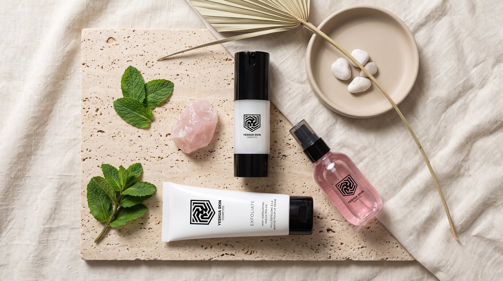 Yeshua Skin natural skincare products including mint exfoliator and facial mist on a stone tray.
