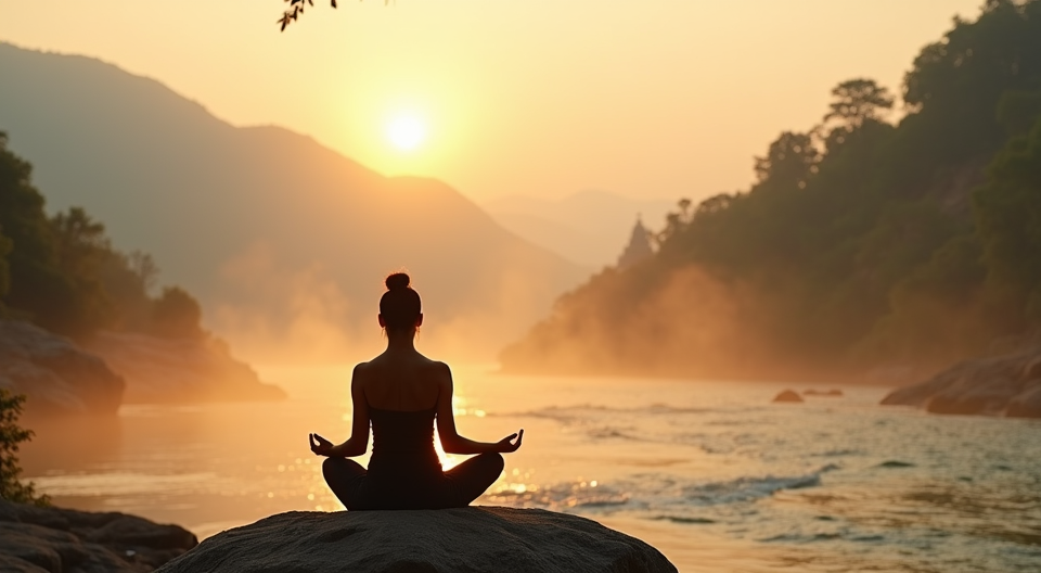 a woman sitting on a rock meditating with a sunset in the front