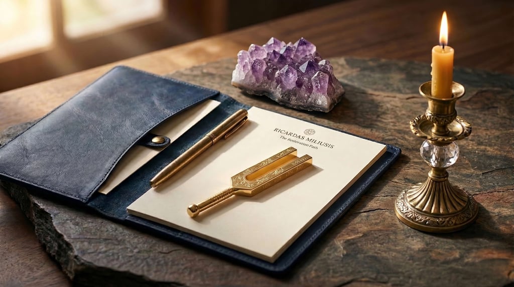 Tuning fork, amethyst crystal, and Ricardas Miliusis The Restoration Path notebook for holistic ther
