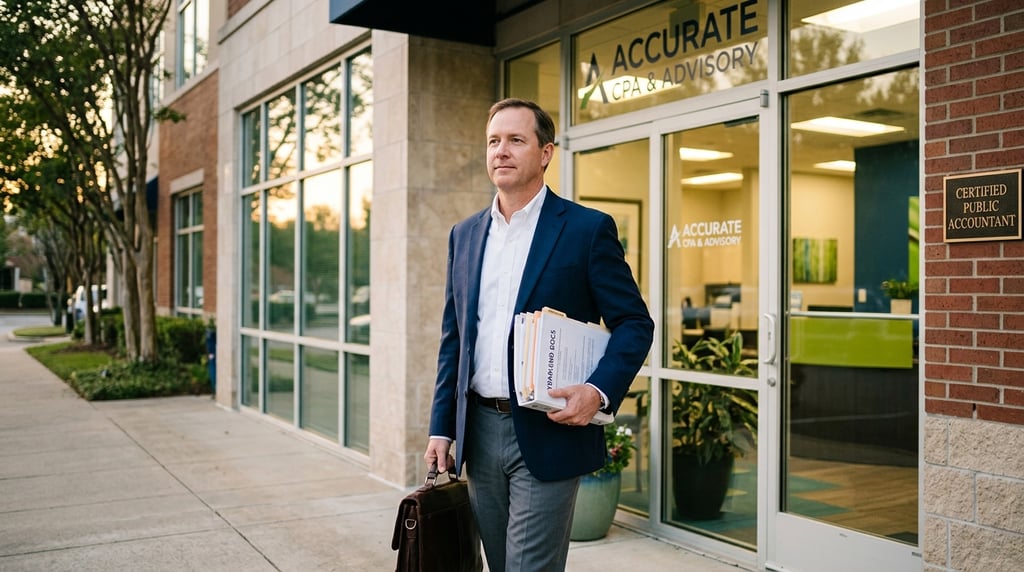 CPA carrying client tax documents outside an accounting office during tax season