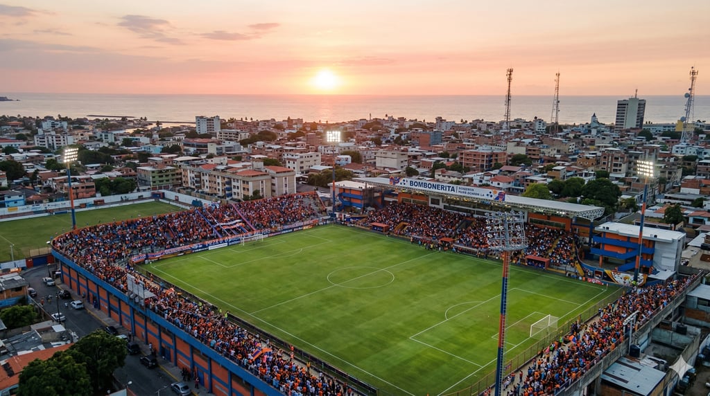 Estádio La Bombonerita em Puerto Cabello ao pôr do sol, com torcida nas cores laranja e azul e o mar ao fundo.