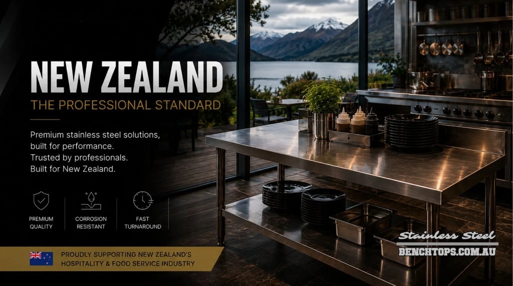 Premium restaurant pass area setup with durable stainless steel Benches New Zealand.