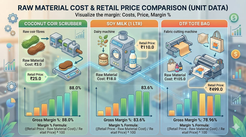 Infographic comparing raw material costs and profit margins for coconut coir scrubbers, soy milk, and DTF tote bags.
