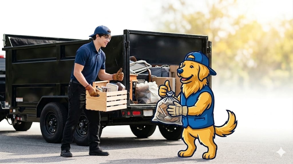 Professional junk removal service worker loading a trailer alongside a golden retriever mascot.