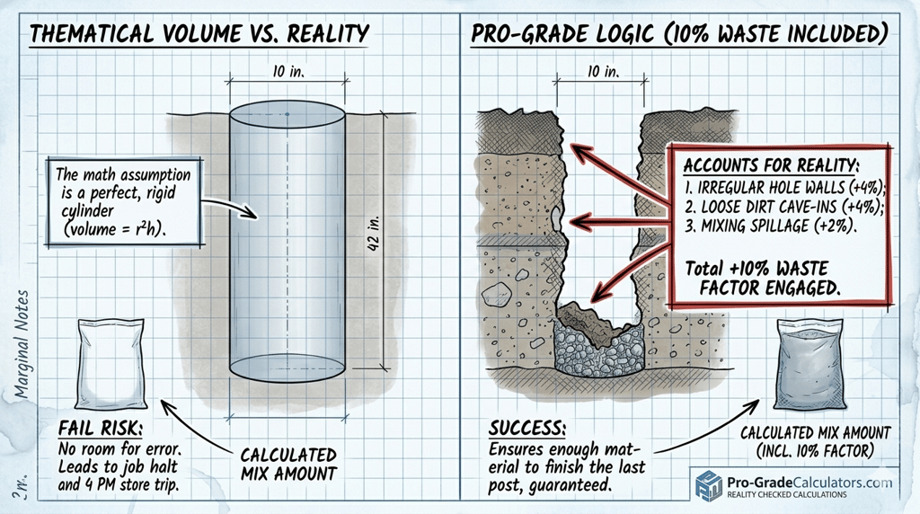 Diagram comparing theoretical vs real-world post hole concrete calculations with 10% waste factor for construction.