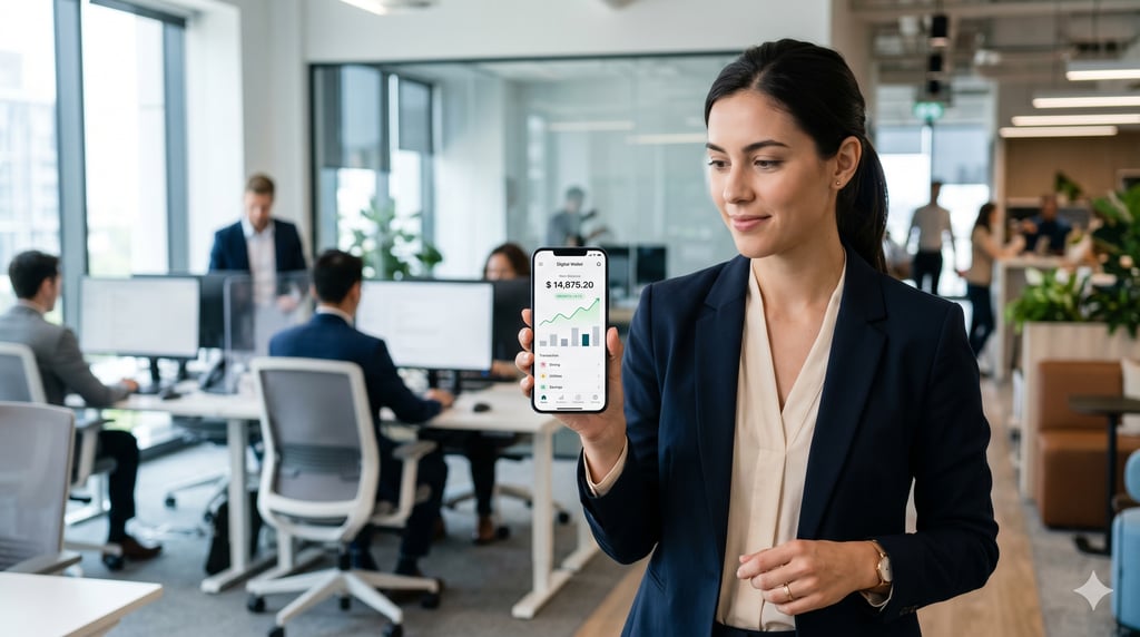 Professional reviewing financial app on smartphone in office setting