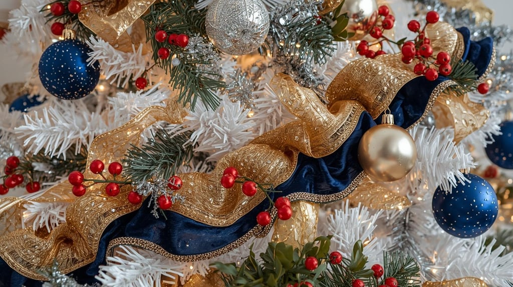 Christmas tree with velvet and satin ribbons in gold, blue and gold draped among ornaments.