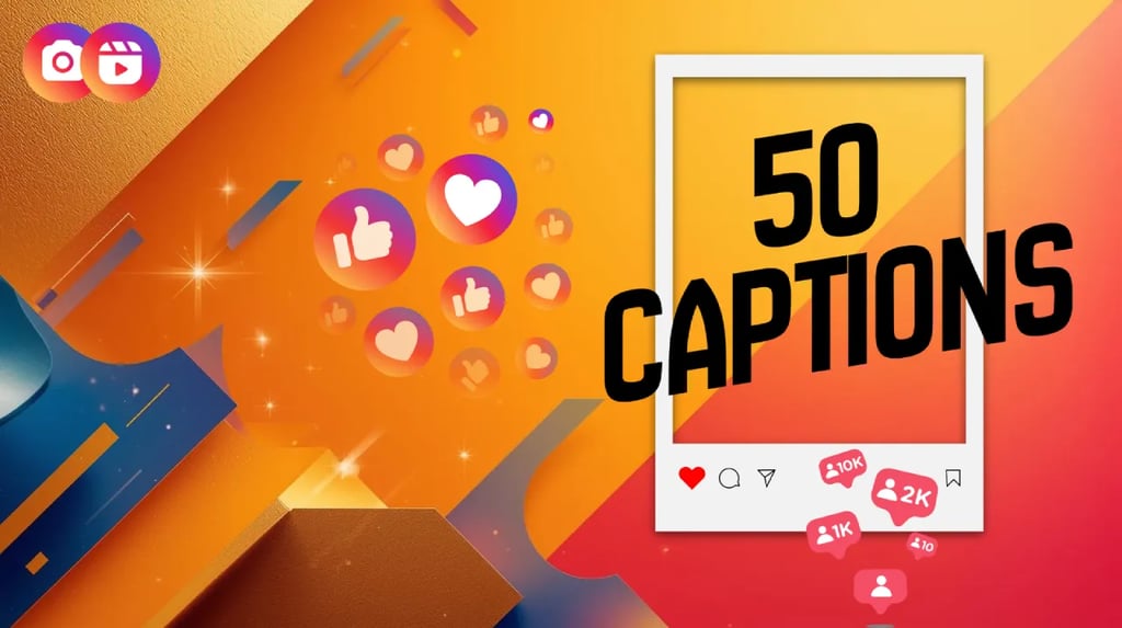 Vibrant Instagram-themed graphic showing 50 captions with likes and heart icons for social media.