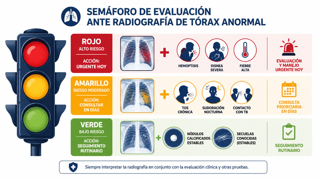 Semáforo médico que clasifica la urgencia de atención según los hallazgos en la radiografía de tórax