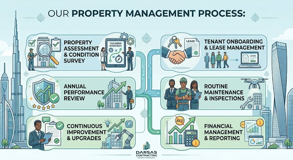 Infographic showing the Darsas Contracting property management process with steps from assessment to financial reporting.