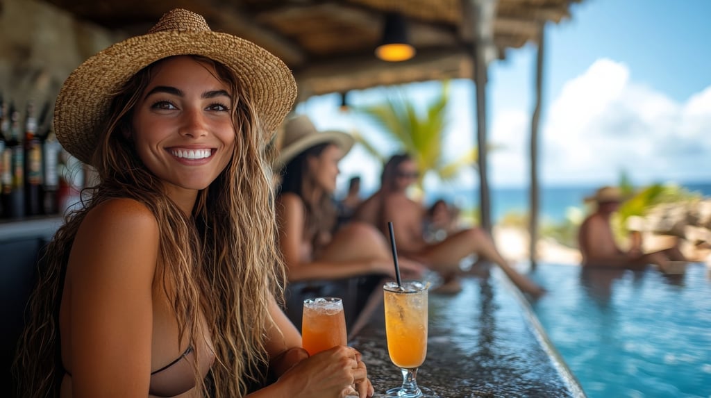 A woman enjoys a odrink at a bar in an all-inclusive resort in the Dominican Republic