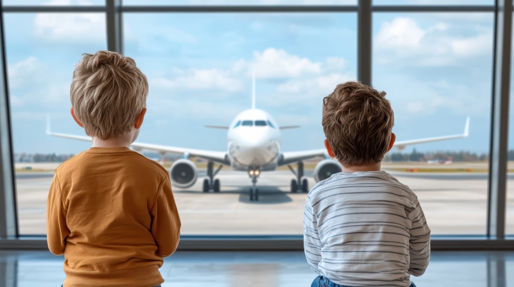 Two children watching an airplane at the airport before a family trip to Punta Cana