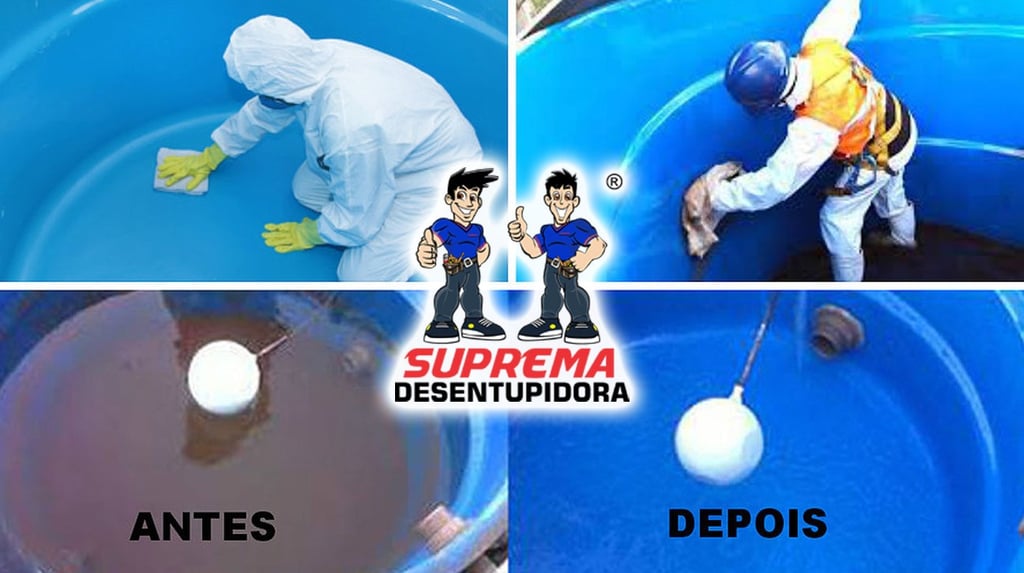 antes e depois de uma limpeza de caixa d'agua