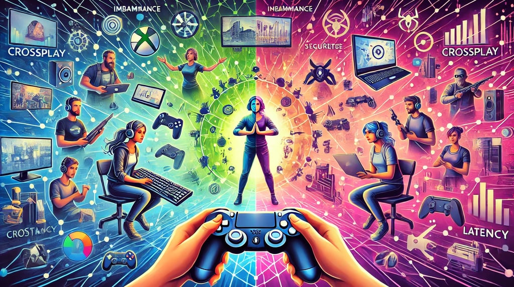 Comunidade gamer dividida, destacando os benefícios e os desafios do crossplay, como segurança