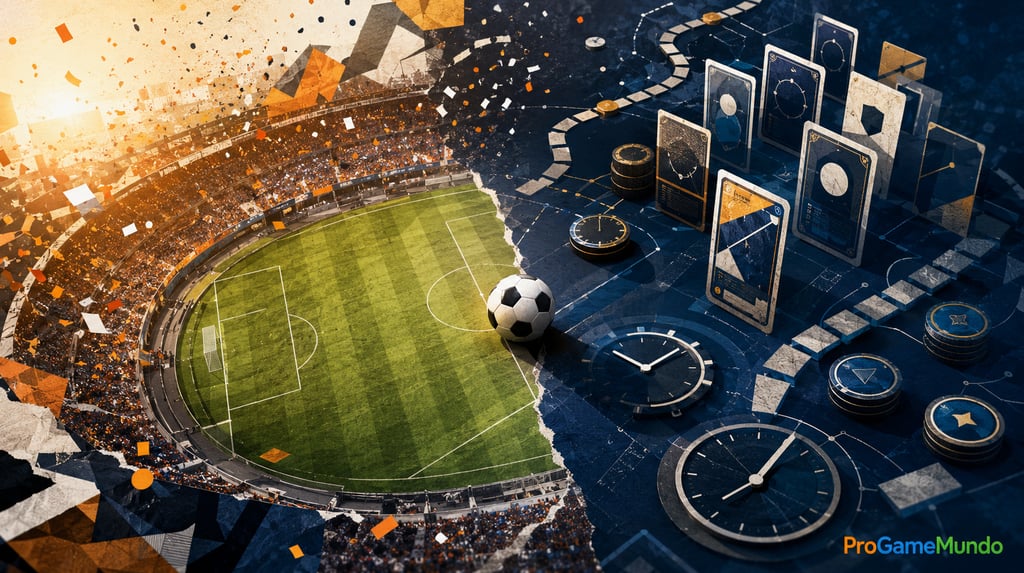 Estádio de futebol dividido entre celebração, cards, relógios e recompensas digitais.