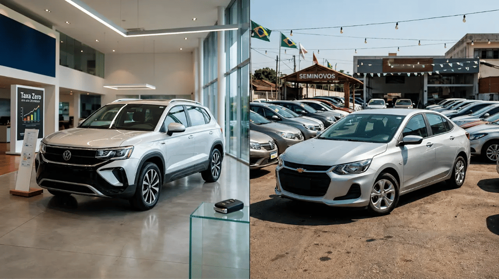 Carro novo em concessionária e carro usado em loja de seminovos lado a lado.