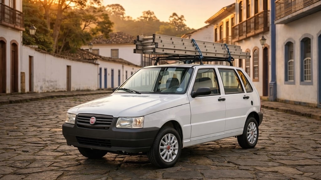 Fiat Uno com escada no teto em rua histórica, carro conhecido pela resistência no dia a dia