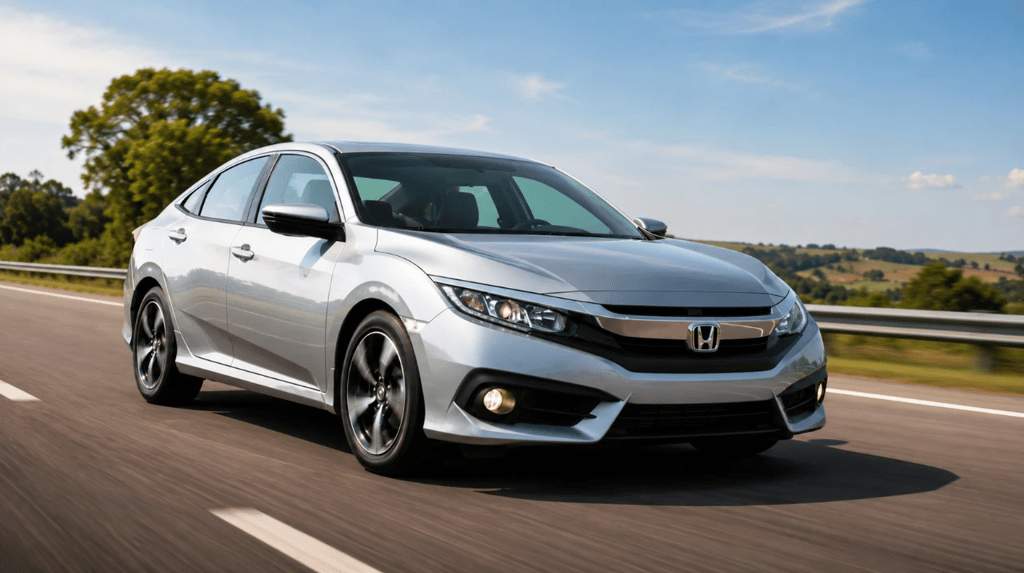 Honda Civic prata em movimento na rodovia com visual hiper-realista e iluminação natural
