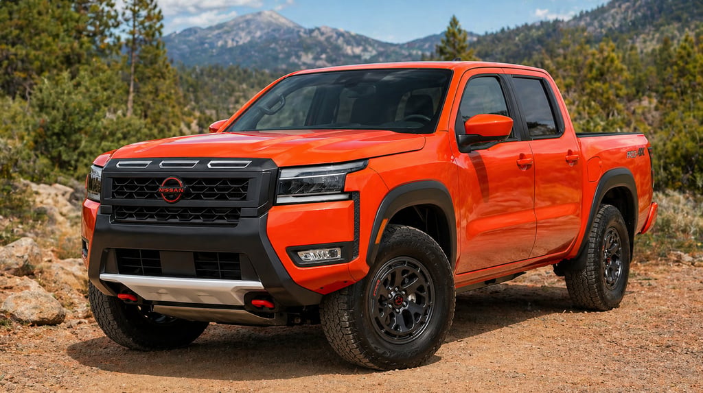 Nissan Frontier V6 laranja picape em cenário off-road com consumo próximo de híbridas