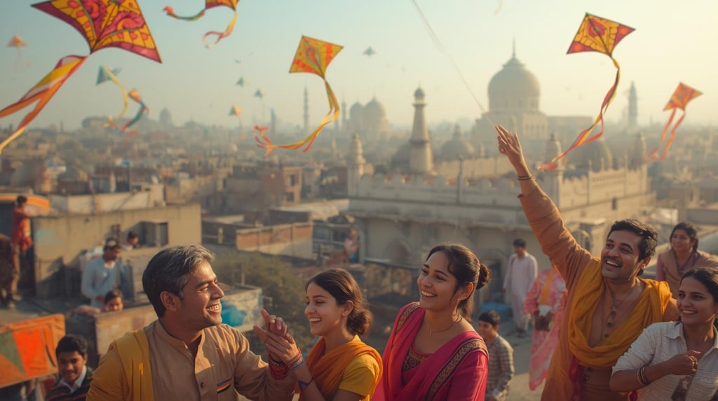 Families flying kites together on rooftops in Lahore during Basant 2026 celebrations.
