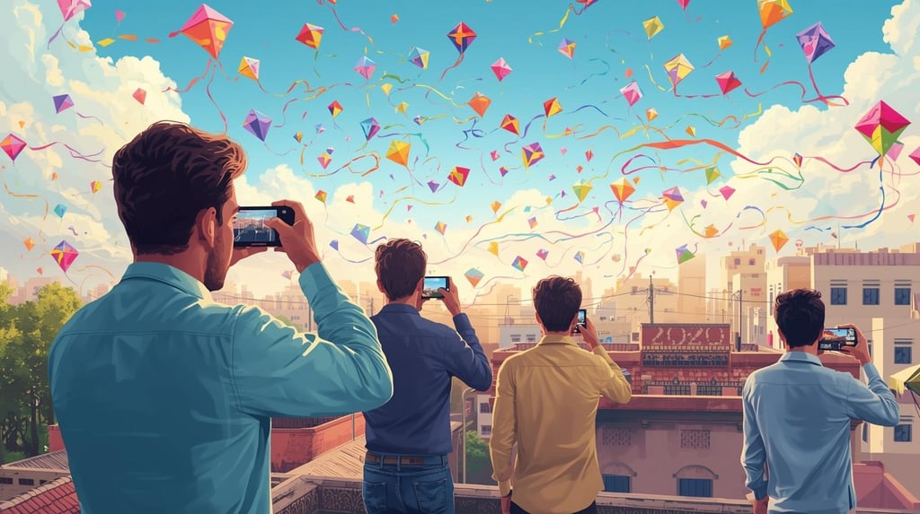 People taking videos and photos of Basant celebrations as colorful kites fill the sky in Lahore.