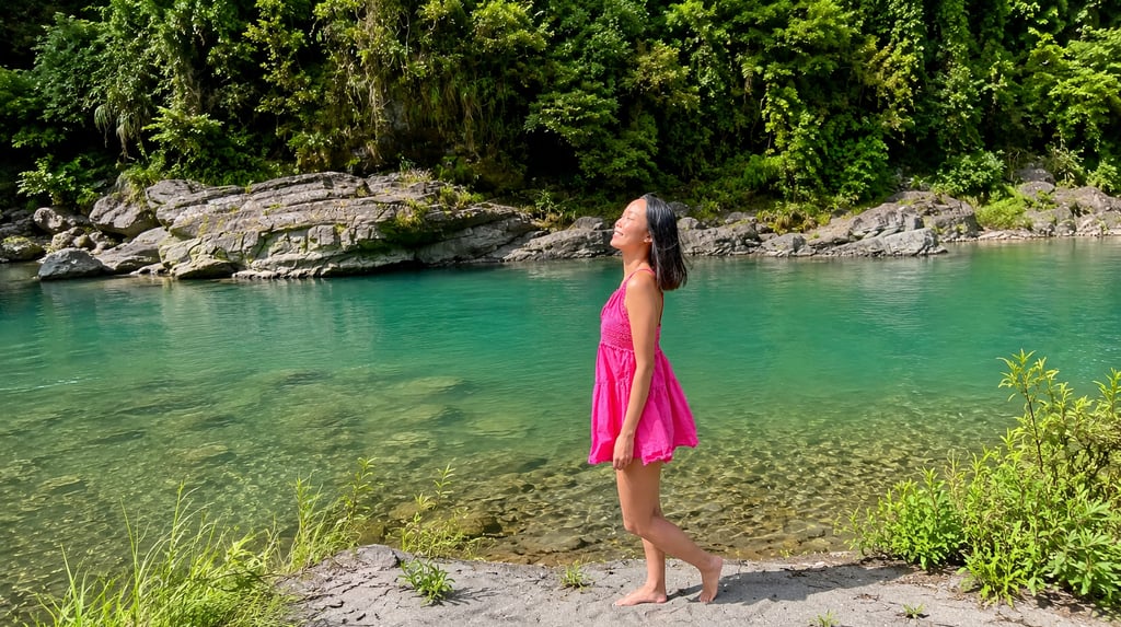 Standing beside an emerald-green stream in Xindian, Taiwan