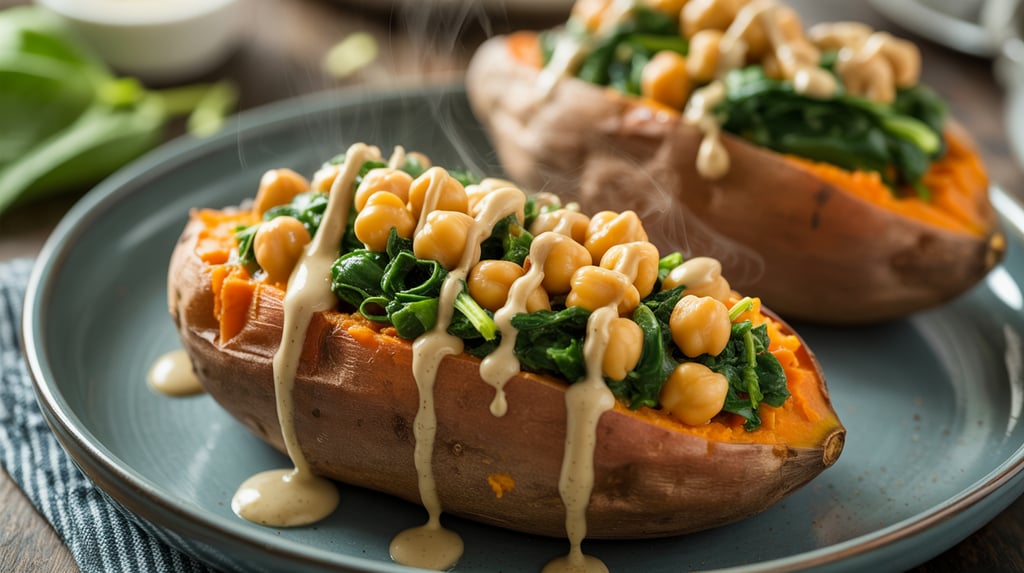 a plate with two baked potatoes and chickpeasy