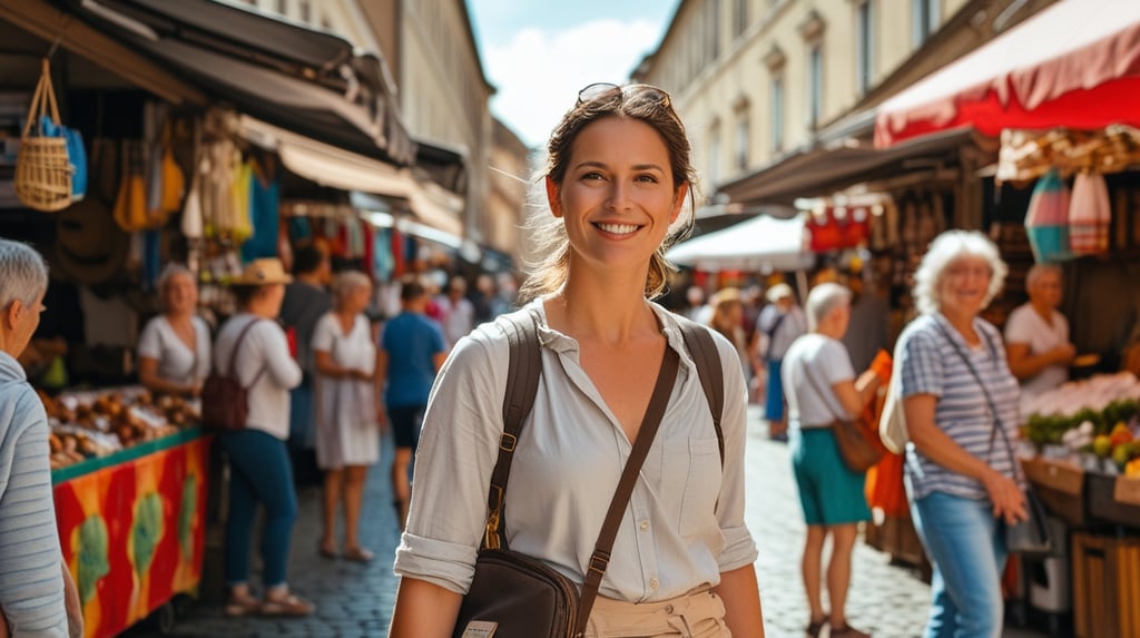 A traveler in a busy European street market